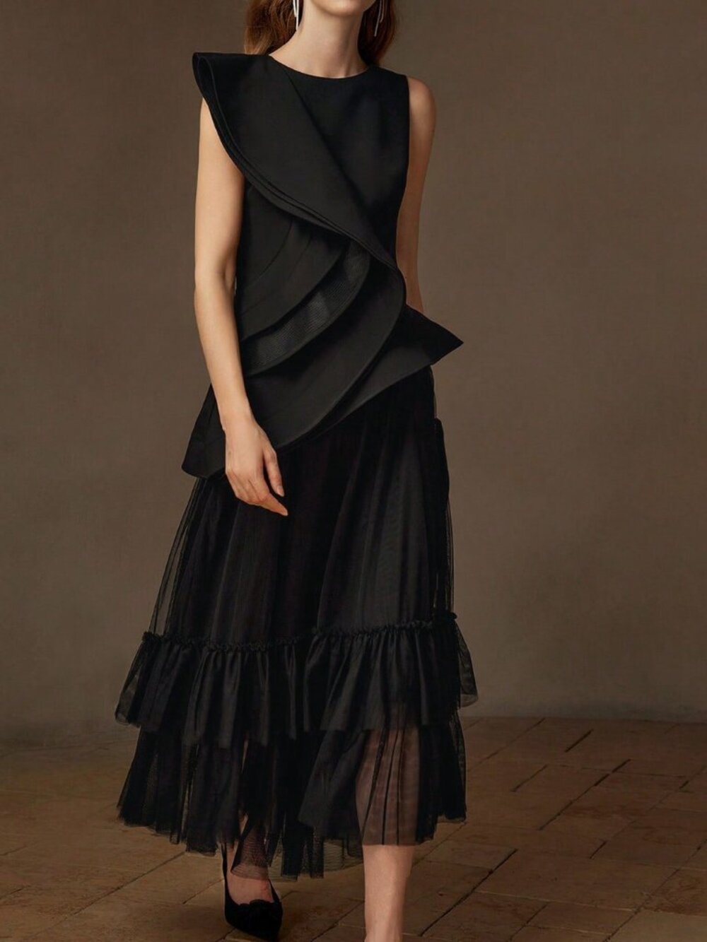 Black Elegant Women's Premium Layered Ruffle Trim Asymmetrical Hem Peplum Top - Picture 6 of 10